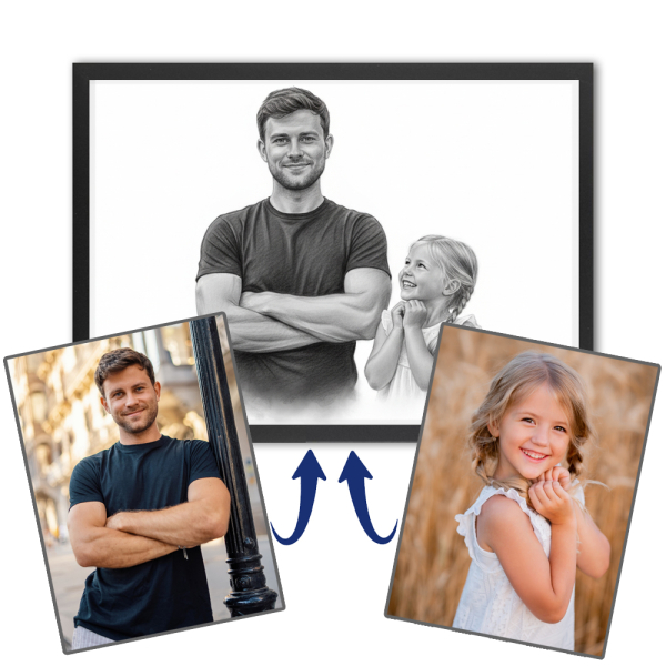 Fotomontasje for et portrett i kulltegningstil Fotomontasje for et portrett i kulltegningstil