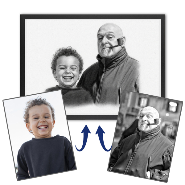 Fotomontasje for et portrett i kulltegningstil Fotomontasje for et portrett i kulltegningstil
