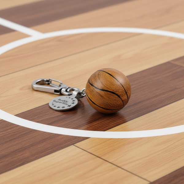 Nøkkelring med basketball i tre med personlig tilpasning Nøkkelring med basketball i tre med personlig tilpasning