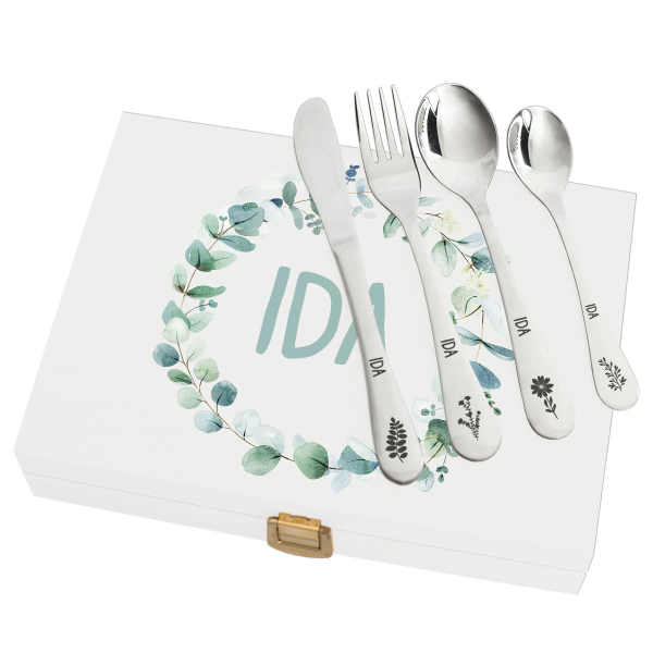 Coffret med plante-motiv og tilpassede bestikk Coffret med plante-motiv og tilpassede bestikk