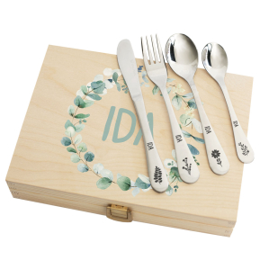 Coffret med plante-motiv og tilpassede bestikk Coffret med plante-motiv og tilpassede bestikk