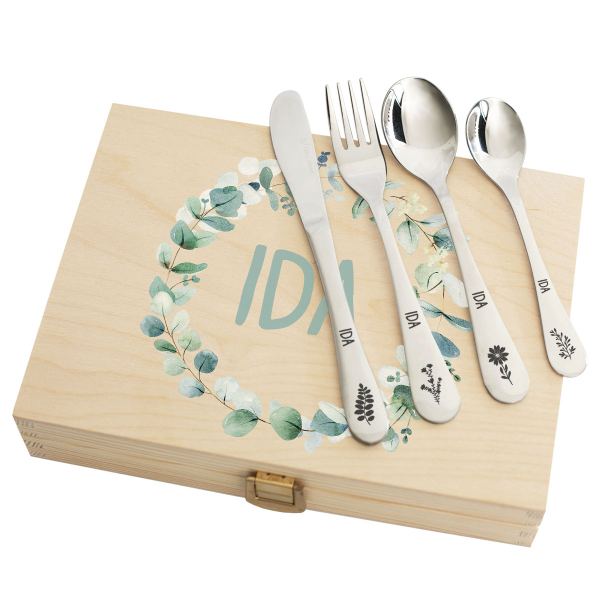 Coffret med plante-motiv og tilpassede bestikk Coffret med plante-motiv og tilpassede bestikk