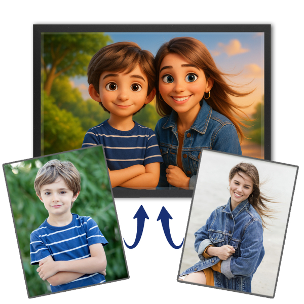 Fotomontasje for et portrett i stil med en 3D-animert film Fotomontasje for et portrett i stil med en 3D-animert film