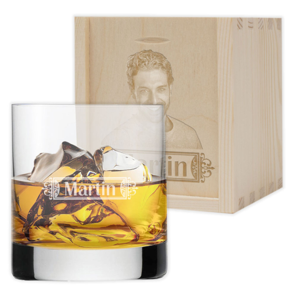 Whiskyglass med fornavn og fotoboks Whiskyglass med fornavn og fotoboks