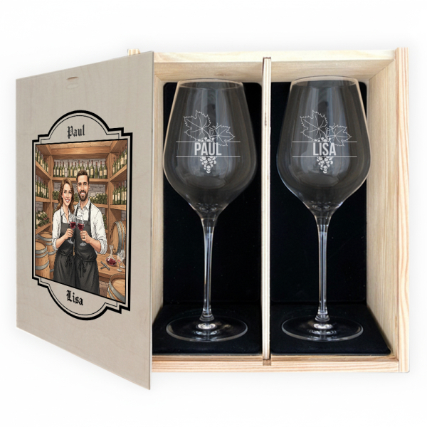 2 vinglass med illustrert fotoboks