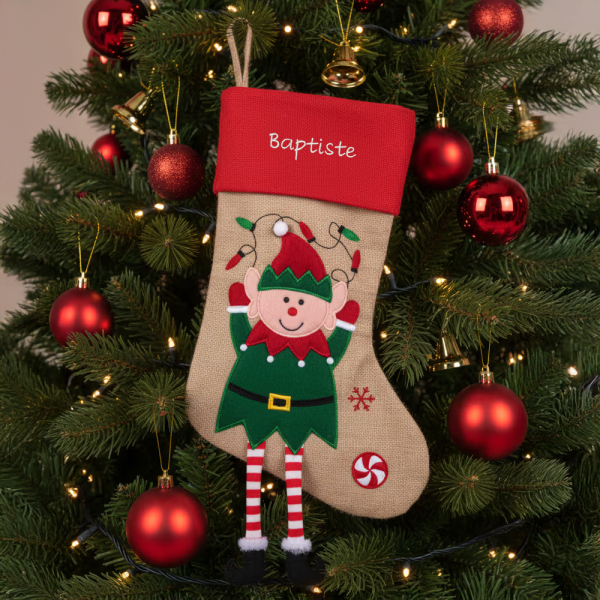Julestr&oslash;mpe med julefigurer, brodert navn