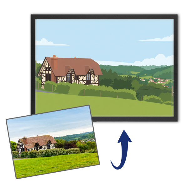 Portrett av hus i flat design basert p&aring; et foto
